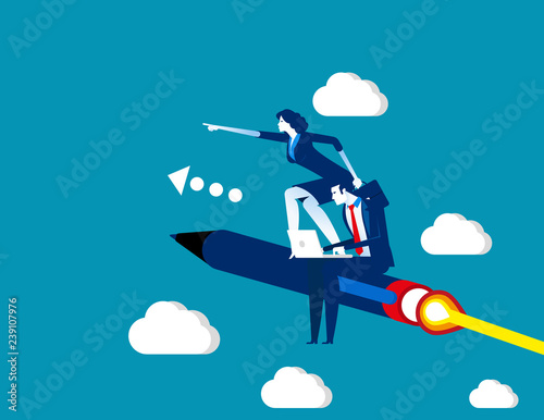 Business team flying on pen. Concept business vector, Teamwork, Working, Successful. photo