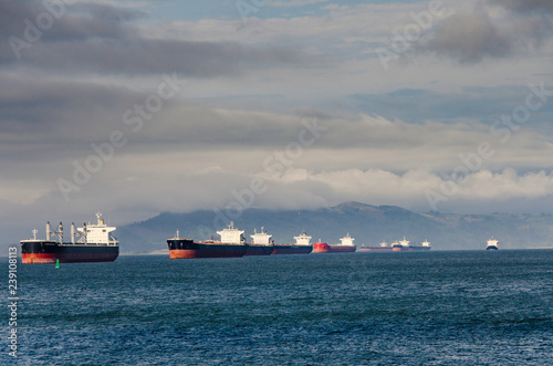 Empty container ships on Columbia River in Astoria, Oregon