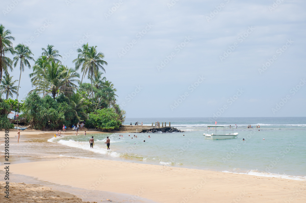 The landscape the beautiful ocean coast in Sri Lanka with palm trees and people