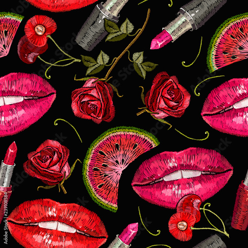 Embroidery female lips, ros...