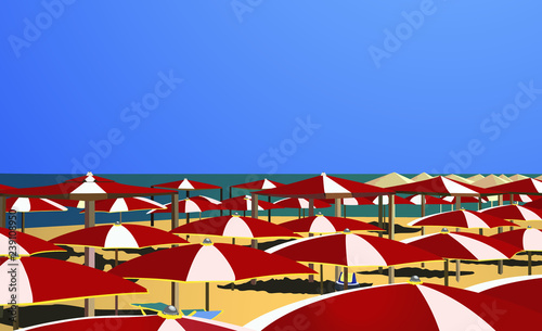 Vector image of a summer resort. The composition includes blue sky, beach sand, red and white umbrellas for the design of cards, brochures, banners, leaflets on an isolated surface.