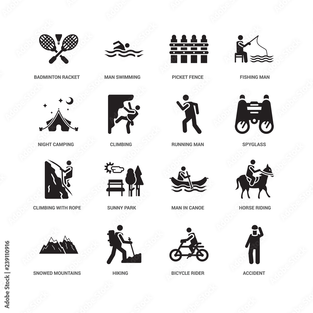 Simple Set of 16 Vector Icon. Contains such Icons as Accident, Climbing, Badminton RAcket and Feather, undefined, Horse riding, Sunny Park, Man swimming. Editable Stroke pixel perfect