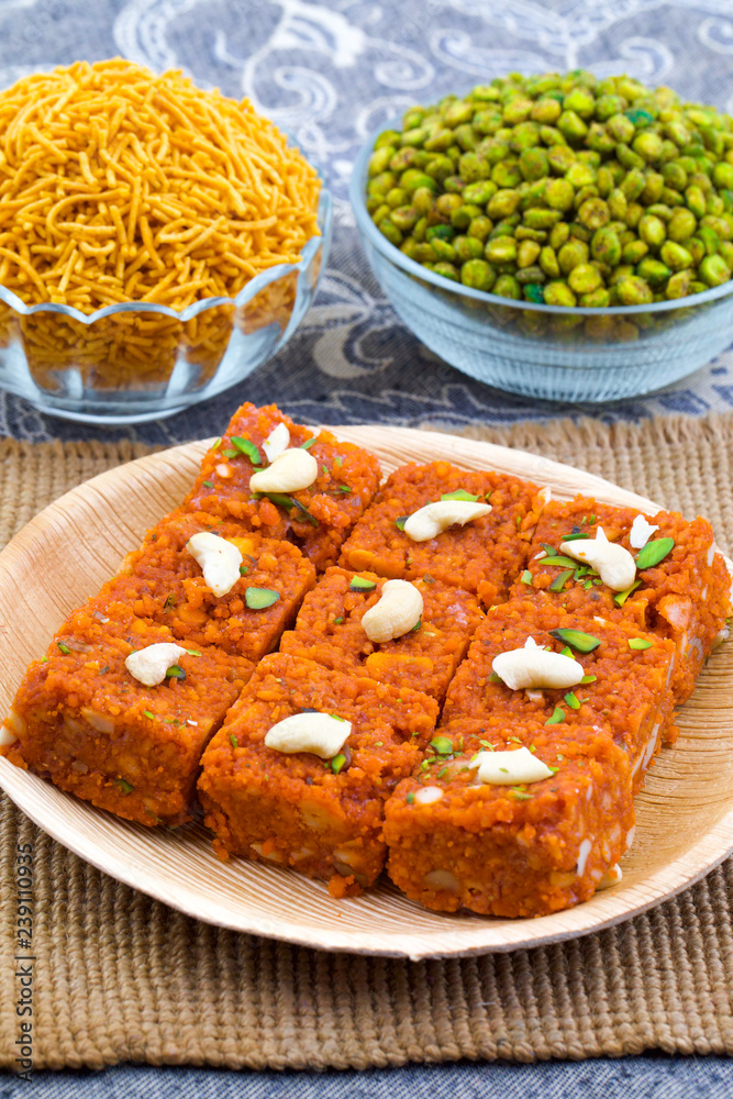 Indian Sweet Food Akhrot Halwa Also Called Walnut Burfi or Akhrot Ka Sheera Made From Walnut, Khoya, Milk or Flavour