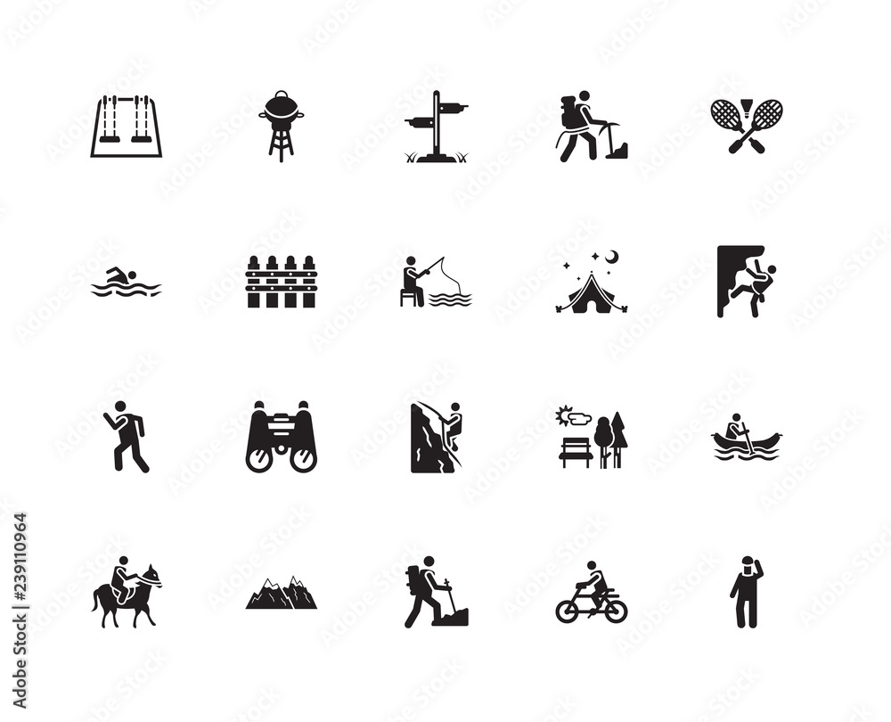 Simple Set of 20 Vector Icon. Contains such Icons as Climbing, Hiking, Snowed mountains, Man swimming, Fishing Man. Editable Stroke pixel perfect