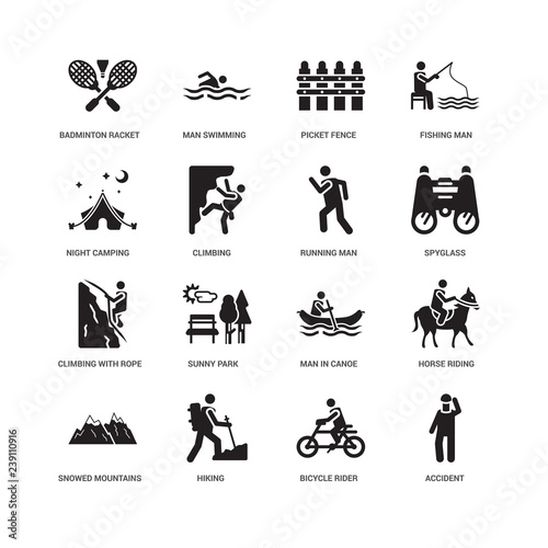 Simple Set of 16 Vector Icon. Contains such Icons as Accident  Climbing  Badminton RAcket and Feather  undefined  Horse riding  Sunny Park  Man swimming. Editable Stroke pixel perfect