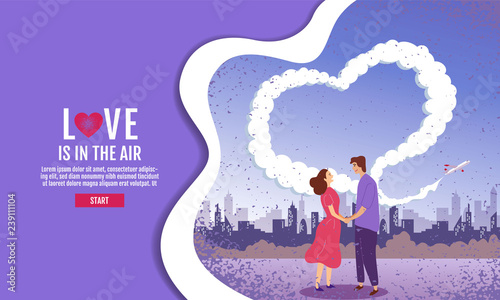 Couples hold hands in the garden. The sky is Heart-shaped, Valentins Day, Love, Vector Illustration.