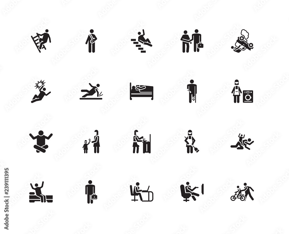 Simple Set of 20 Vector Icon. Contains such Icons as Bike, Relax, Working, Businessman, Wake up, Accident, Cooking, Accident. Editable Stroke pixel perfect