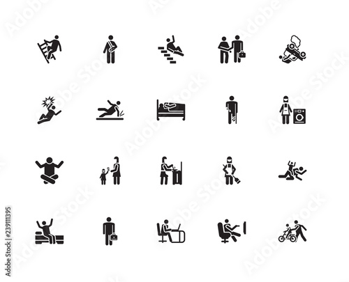 Simple Set of 20 Vector Icon. Contains such Icons as Bike  Relax  Working  Businessman  Wake up  Accident  Cooking  Accident. Editable Stroke pixel perfect