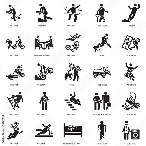 Simple Set of 25 Vector Icon. Contains such Icons as Cleaning, Accident, Falling, Insurance agent, Accident. Editable Stroke pixel perfect
