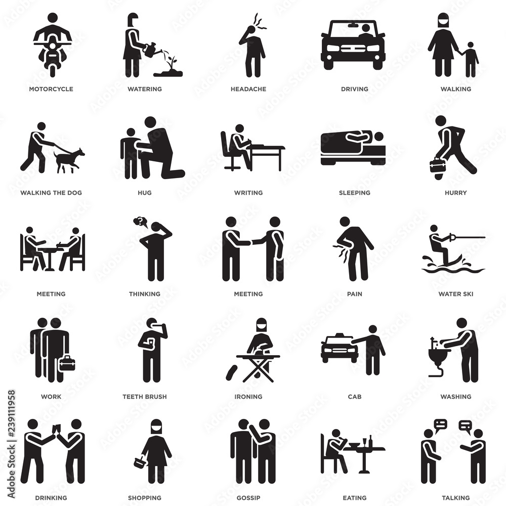 Simple Set of 25 Vector Icon. Contains such Icons as Talking, Eating, Gossip, Shopping, Drinking, Hurry, Pain, Ironing, Work, Walking the dog, Headache, Watering. Editable Stroke pixel perfect