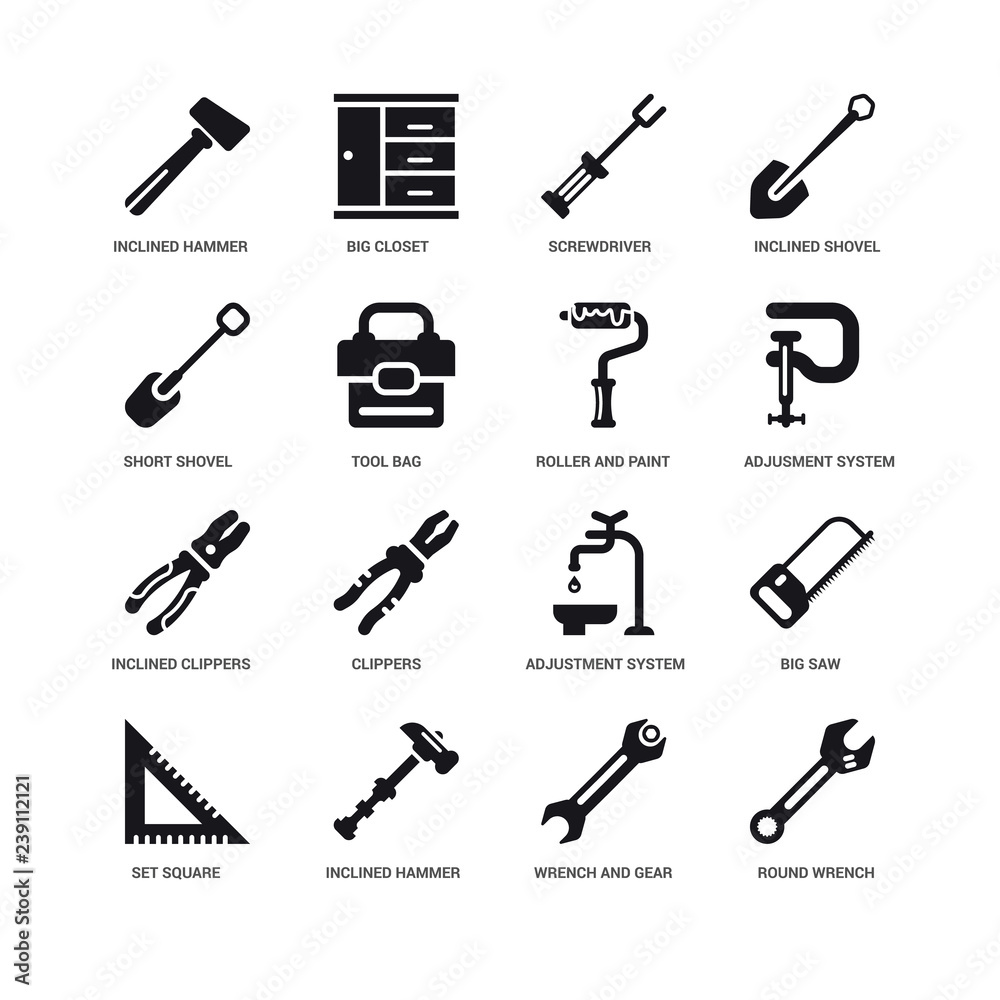 Obraz premium Simple Set of 16 Vector Icon. Contains such Icons as Round Wrench, Tool Bag, Inclined Hammer, undefined, Big Saw, Clippers, Closet. Editable Stroke pixel perfect