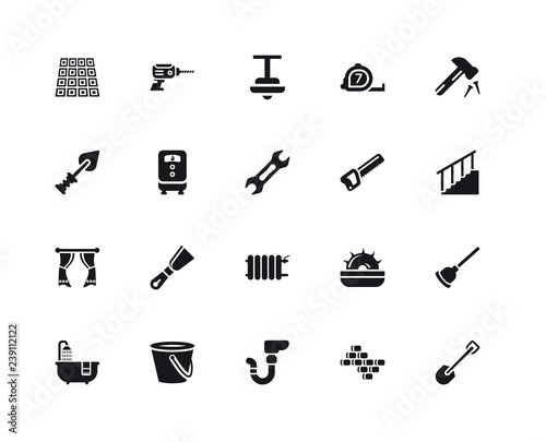 Simple Set of 20 Vector Icon. Contains such Icons as Big Shovel, Stairs, Hammer, Tape Measure, Bathtube, Drill, Carpentry, Trowel. Editable Stroke pixel perfect