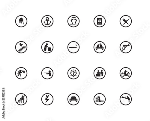 Set Of 20 icons such as Site seeing place, Dam, Car parking, Shock, No littering, Restaurant, rental, Pharmacy, Mine site, Babysitter and child, Ferry carrying cars, icon pack