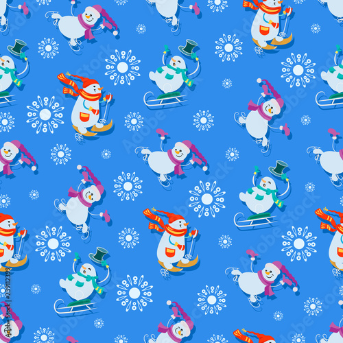 Winter sports games. Funny snowmens. Seamless pattern. Design for children's textiles and packaging materials, background image with cartoon characters.