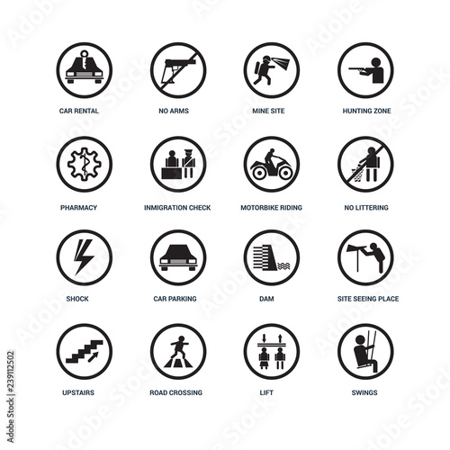 Set Of 16 icons such as Swings, Lift, Road Crossing, Upstairs, Site seeing place, Car rental, Pharmacy, Shock, Motorbike riding icon