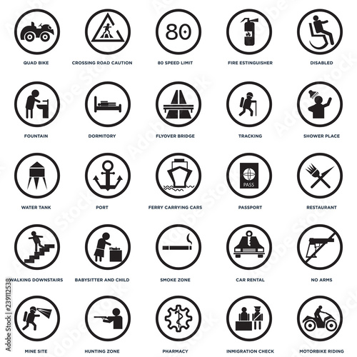 Set Of 25 icons such as Motorbike riding, Restaurant, Shower place, Crossing Road Caution, Mine site, Dormitory, Car rental, Water Tank icon