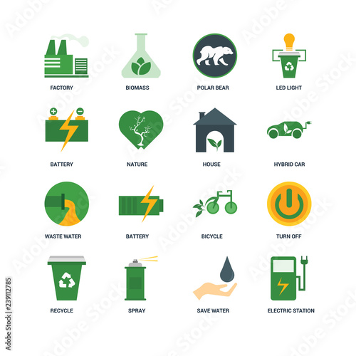 Set Of 16 icons such as Electric station, Save water, Spray, Recycle, Turn off, Factory, Battery, Waste house icon