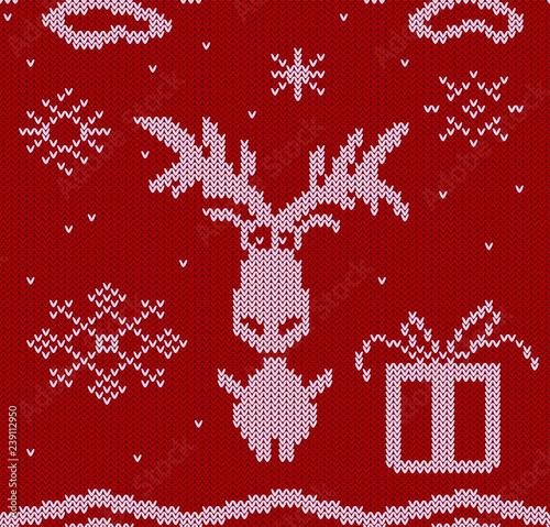 Christmas seamless knitted pattern with red and white Christmas symbols: gift, gift box, snowflakes, clouds, snowdrifts, snow, Christmas deer. Design wool knit sweater.