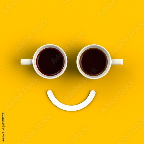 Top view of a cup of coffee in the form of smile isolated on yellow background, Coffee concept illustration, 3d rendering