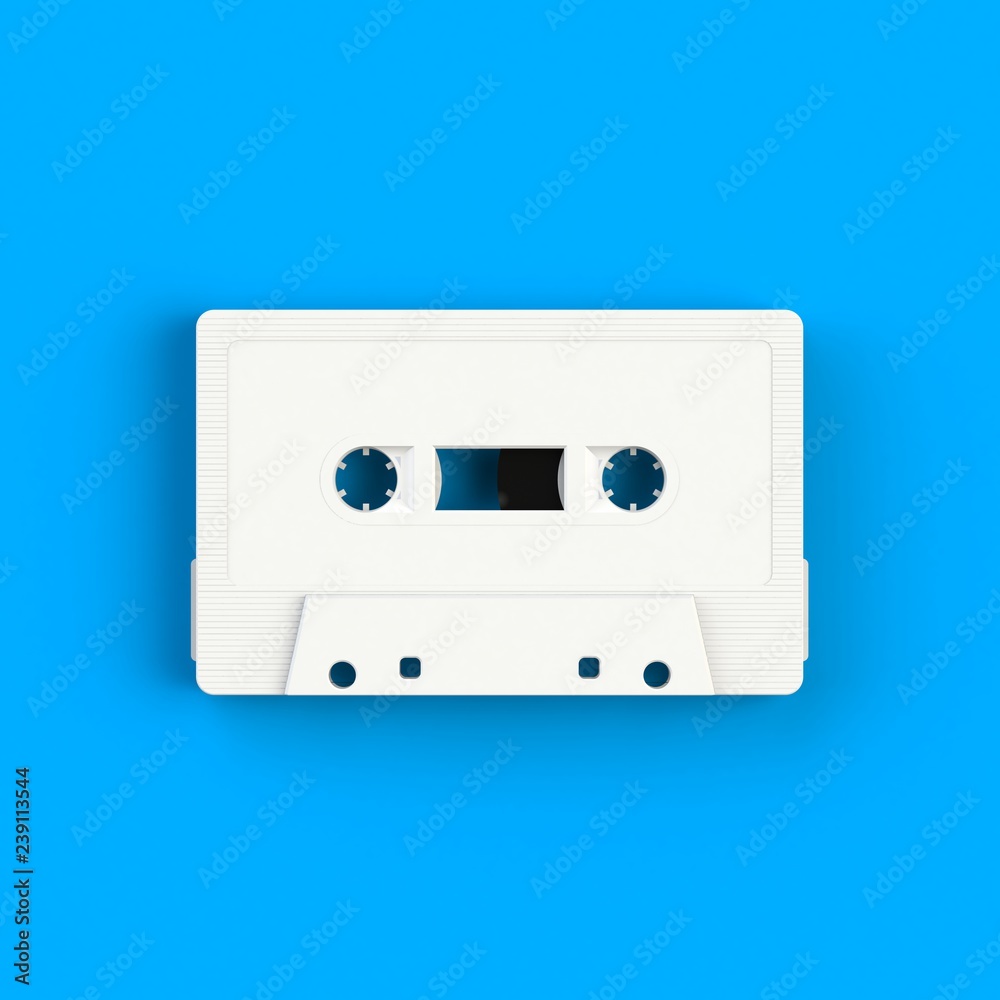 Close up of vintage white audio tape cassette illustration on blue background, Top view with copy space, 3d rendering