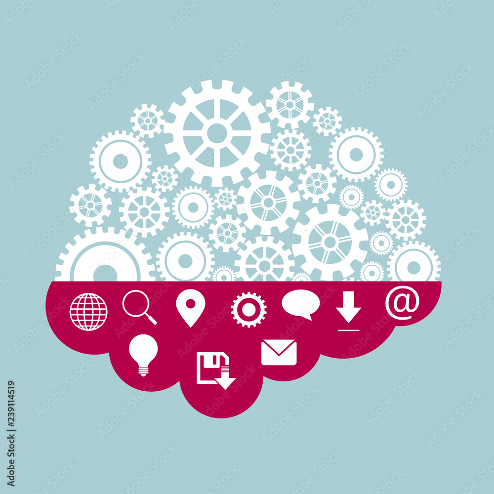 Cloud computing concept, gear set on the clouds.Isolated on blue background. Cloud computing concept, gear set on the clouds.Isolated on blue background.