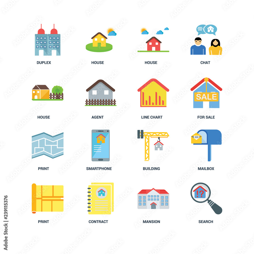 Set Of 16 icons such as Search, Mansion, Contract, print, Mailbo