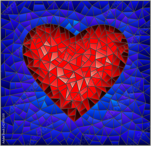 Illustration in stained glass style with abstract red heart on blue background, rectangular image