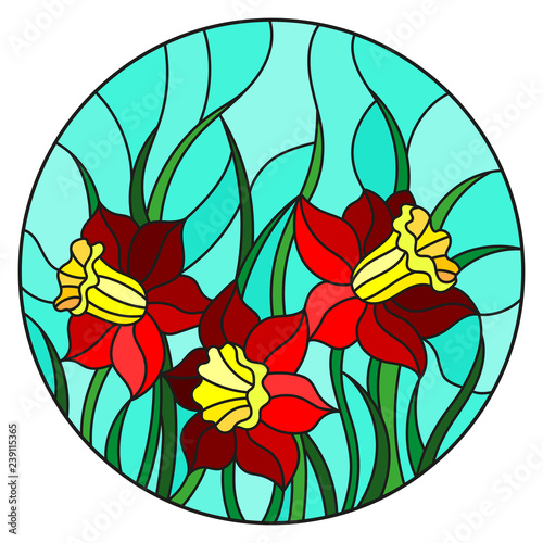 Illustration in stained glass style with a bouquet of red daffodils on a blue background, round image