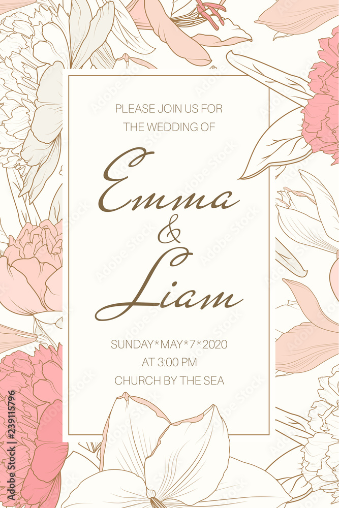 Fototapeta premium Delicate tender floral frame from pink crimson rose peony white lily flowers. Beautiful elegant wedding invitation card template vector design. Text placeholder. Vintage retro luxury style.