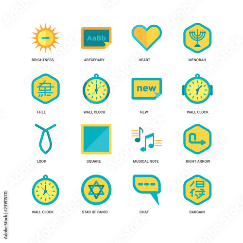 Simple Set of 16 Vector Icon. Contains such Icons as Bargain, Chat, Star david, Wall clock, Right arrow, Brightness, Free, Loop, New, undefined, undefined. Editable Stroke pixel perfect