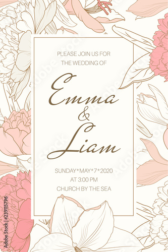 Delicate tender floral frame from pink crimson rose peony white lily flowers. Beautiful elegant wedding invitation card template vector design. Text placeholder. Vintage retro luxury style.