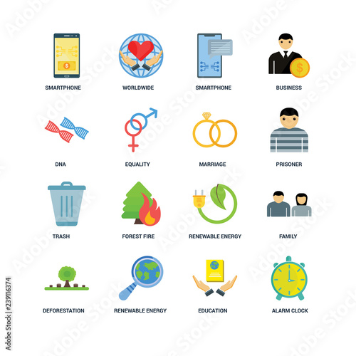 Set Of 16 icons such as Alarm clock, Education, Renewable energy