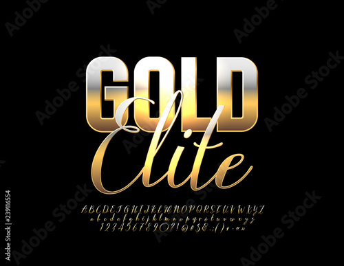 Vector bright Logotype Gold Elite with luxe Alphabet. Exclusive handwritten  Font. Stylish Luxury Letters, Numbers and Symbols.