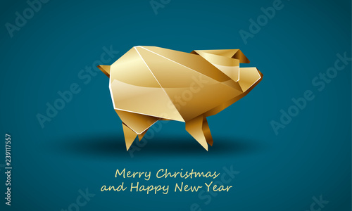 Golden Pig as a Symbol of Chinese New Year. Vector Polygonal Pig on Soft Blue Background as Invitation Template for New Year Party.