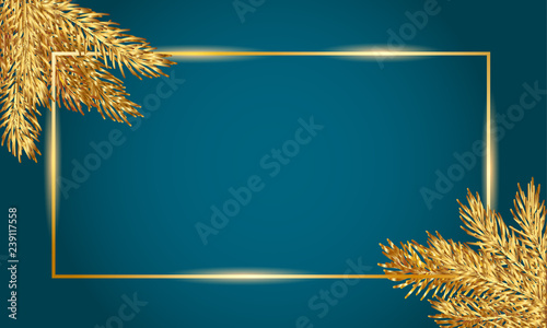 Golden Pine Branches Frame for Christmas and New Year Banner Template on Soft Blue Background.