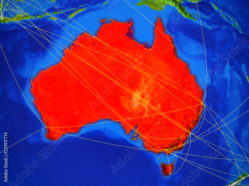 Australia from space on model of planet Earth with networks. Detailed planet surface with city lights.