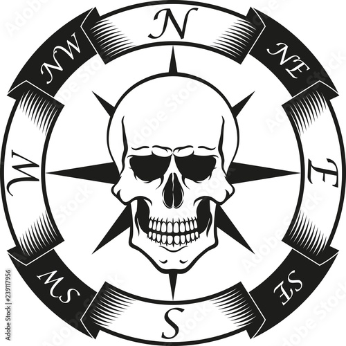 Pirate logo. Star banner light sides and pirate skull. Illustration for tattoo and stickers.