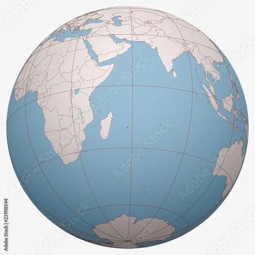 Mauritius on the globe. Earth hemisphere centered at the location of the Republic of Mauritius. Mauritius map.