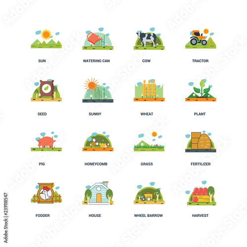Set Of 16 icons such as Harvest, Wheel barrow, house, Fodder, Fertilizer, Sun, Seed, Pig, Wheat icon