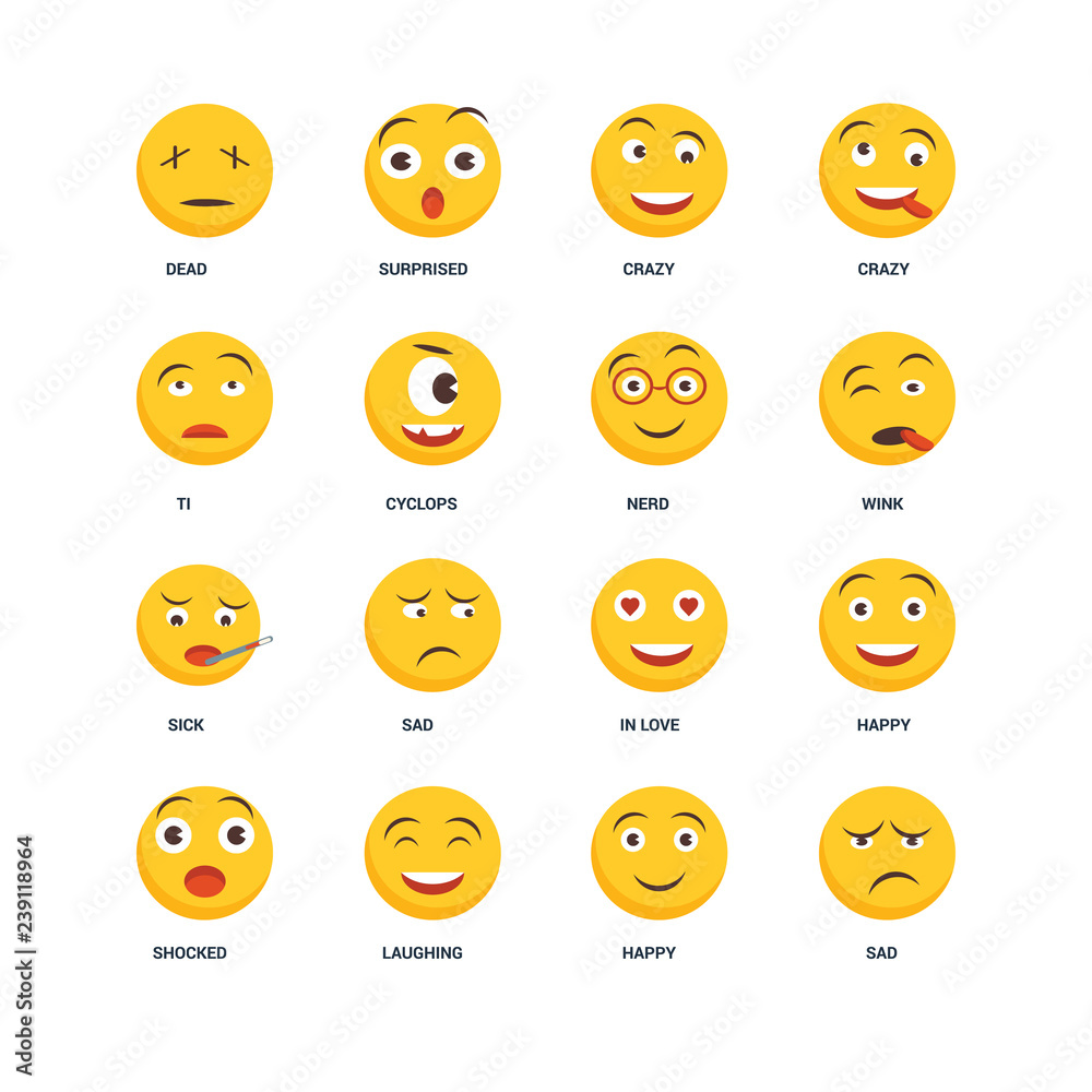 Set Of 16 icons such as Sad, Happy, Laughing, Shocked, Dead, Ti, Sick, Nerd icon Set Of 16 icons such as Sad, Happy, Laughing, Shocked, Dead, Ti, Sick, Nerd icon
