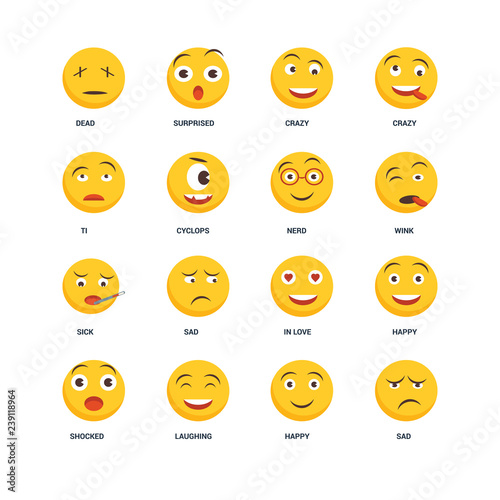 Set Of 16 icons such as Sad, Happy, Laughing, Shocked, Dead, Ti, Sick, Nerd icon © vectorstockcompany