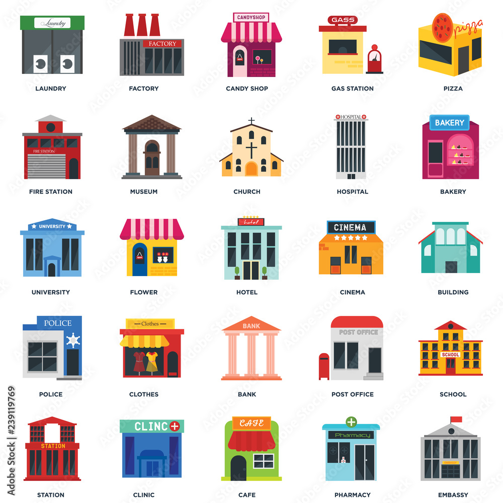 Set Of 25 icons such as Embassy, Pharmacy, Cafe, Clinic, Station, Bakery, Cinema, Bank, Police, Fire station, Candy shop, Factory icon