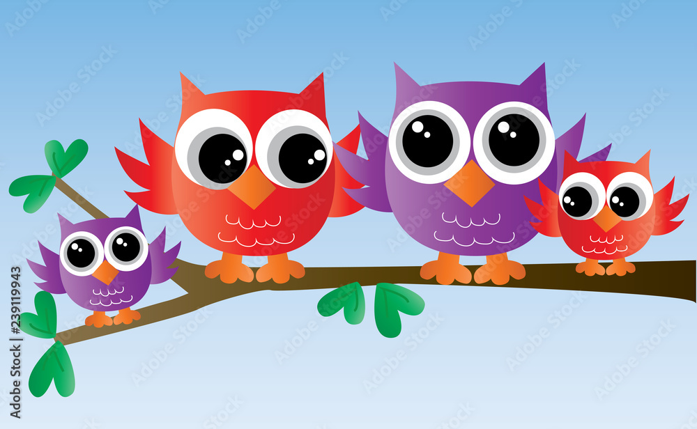 sweet colorful owl family on a branch