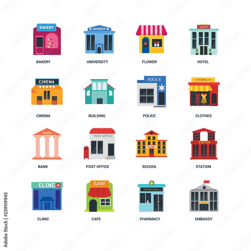 Set Of 16 icons such as Embassy, Pharmacy, Cafe, Clinic, Station, Bakery, Cinema, Bank, Police icon