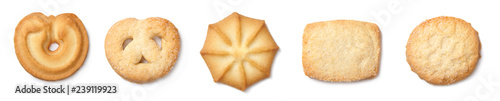 A set of danish butter cookies, cut out. Top view.