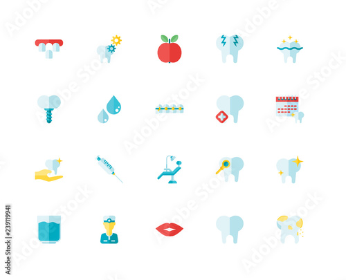 Simple Set of 20 Vector Icon. Contains such Icons as Caries, Tooth, Mouth, Dentist, Glass water, Chair, Dental care, Water, Apple. Editable Stroke pixel perfect