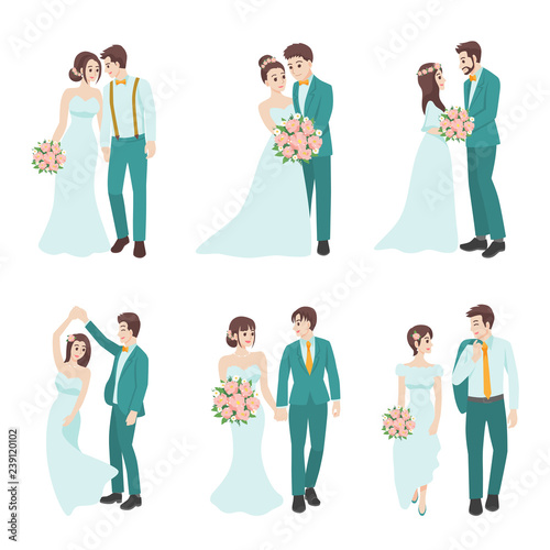 Set of Wedding Couple, couple in love characters cartoon for love valentine's day, holidays, celebrating marriage, romance, hearts, date, sweet, wedding flower, Just married , newlyweds, bride, groom.