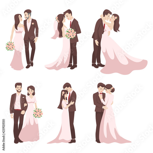 Set of Wedding Couple, couple in love characters cartoon for love valentine's day, holidays, celebrating marriage, romance, hearts, date, sweet, wedding flower, Just married , newlyweds, bride, groom.