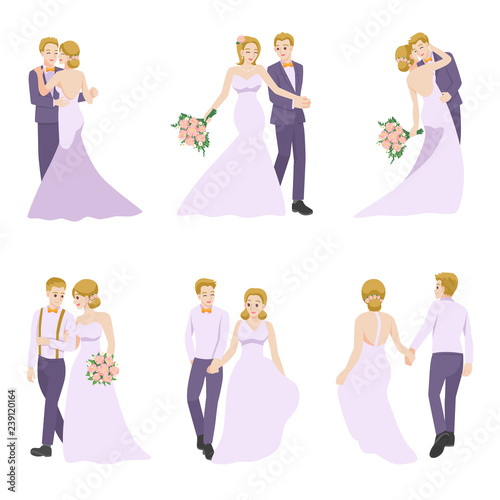 Set of Wedding Couple, couple in love characters cartoon for love valentine's day, holidays, celebrating marriage, romance, hearts, date, sweet, wedding flower, Just married , newlyweds, bride, groom.