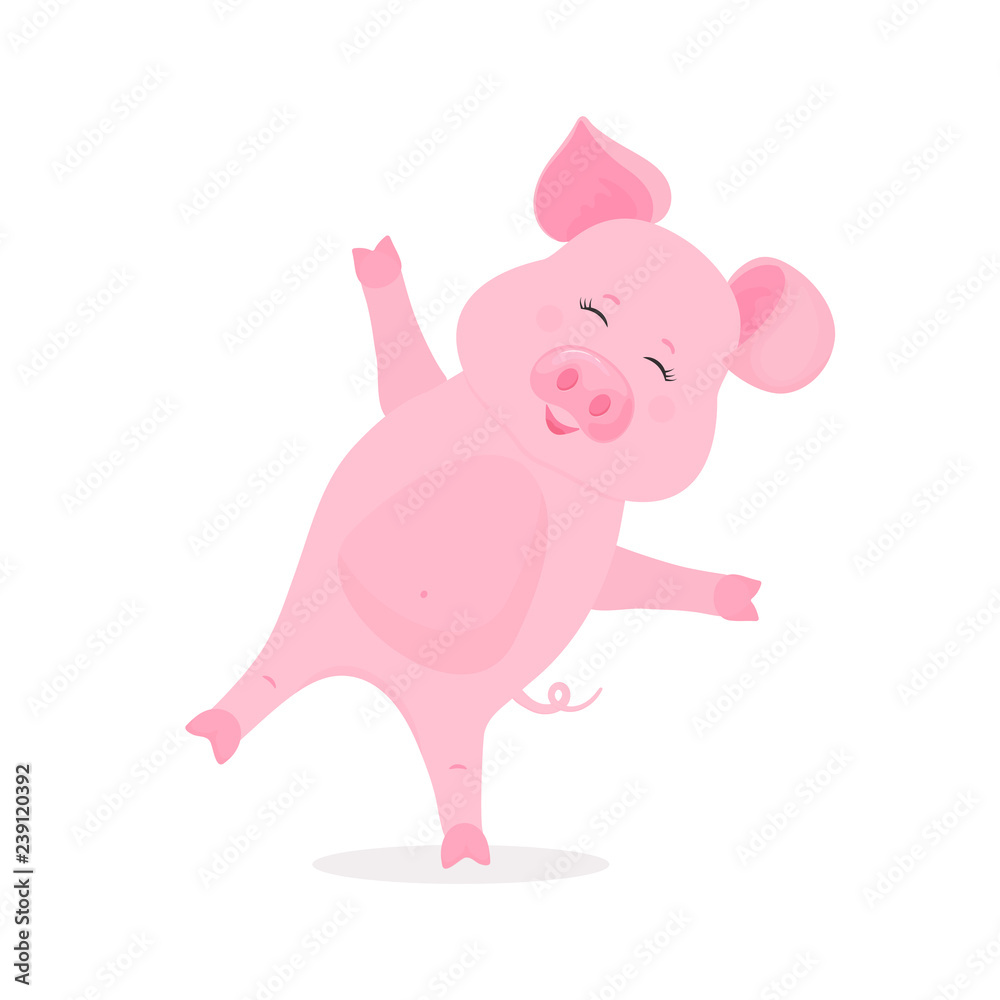 Cute pig doing exercise standing on one leg. Funny piggy vector cartoon character